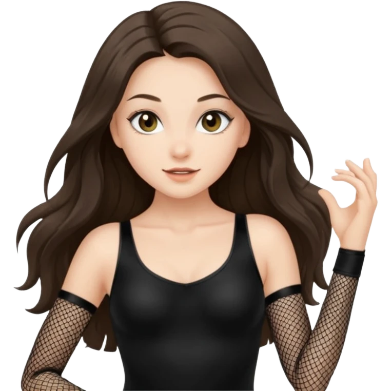 pretty white brunette teen long hair with hazel eyes in a black leotard and fishnets dancing emoji