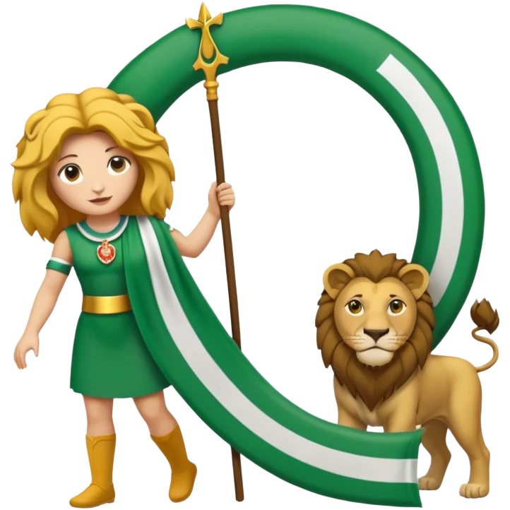 Un drapeau  avec 2 bande verte qui et une bande blanche au milieu avec une femme avec 1 lion de chaque coter d’elle sous un arc en pierre  emoji