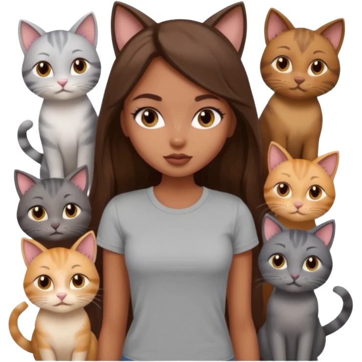 a pretty bratz dusky girl with long brown hair with six cats nd wearing a grey tshirt emoji