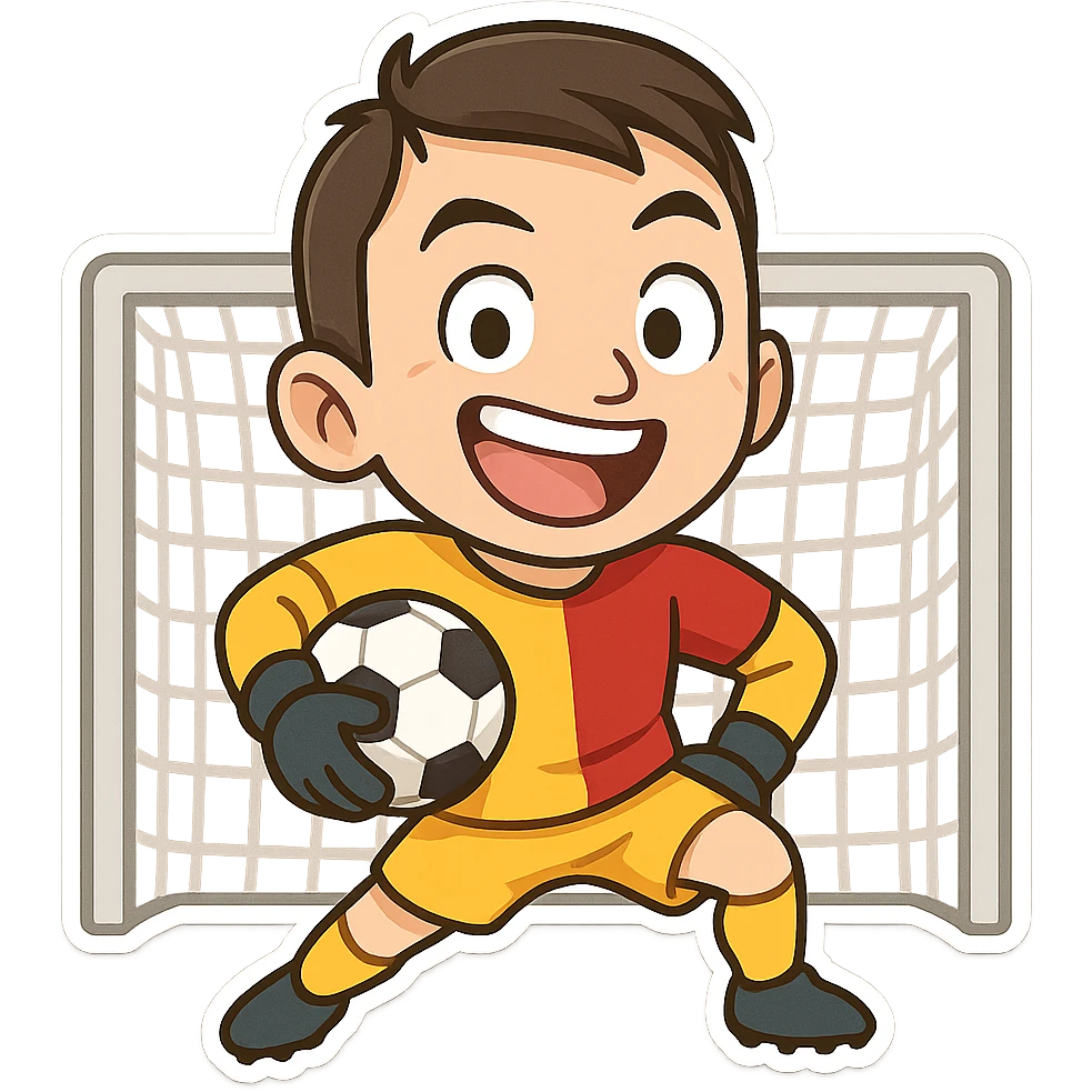 Muslera posing exaggeratedly and comically in front of the goal, wearing yellow-red jersey, with a football emoji