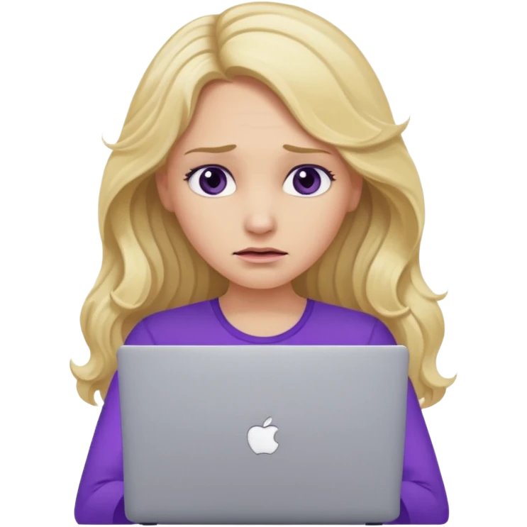 lady with long blonde wavy hair, purple top throwing her with a laptop looking defeated emoji