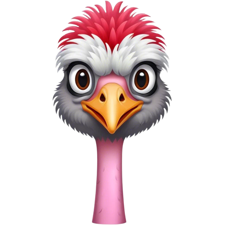 An ostrich with black and white feathers on the body, fluffy grey head feathers, pinkish-red neck, and red legs. emoji