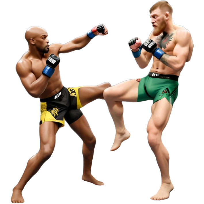 An MMA showdown between Conor McGregor and Anderson Silva in the octagon. McGregor is preparing a striking kick, while Silva is in a defensive stance. The background features the UFC octagon with cheering fans and intense energy. Transparent background  emoji