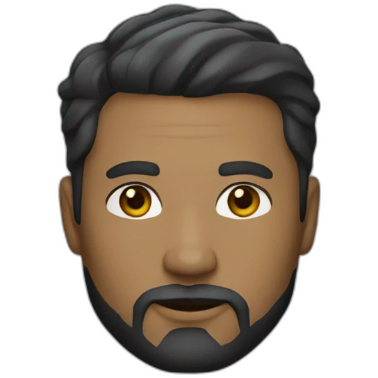 A 38 year old man, with gold skin, facial hair, black short hair and grey eyes, wearing a suit emoji