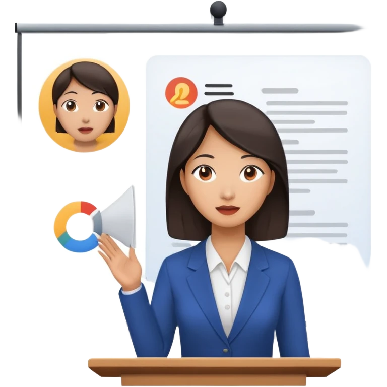 a asian women public speaking with presentation in the background emoji