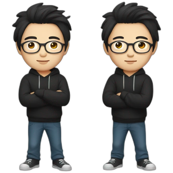 A mature Chinese boy with black hair and circle-shaped eyeglasses wearing black hoodie and ✌️ shaped hands emoji