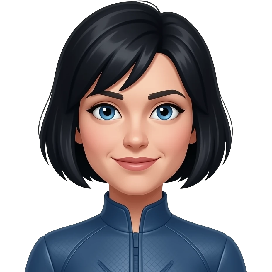 janet von dyne from marvel. she has short black hair, blue eyes, and a slight smile emoji