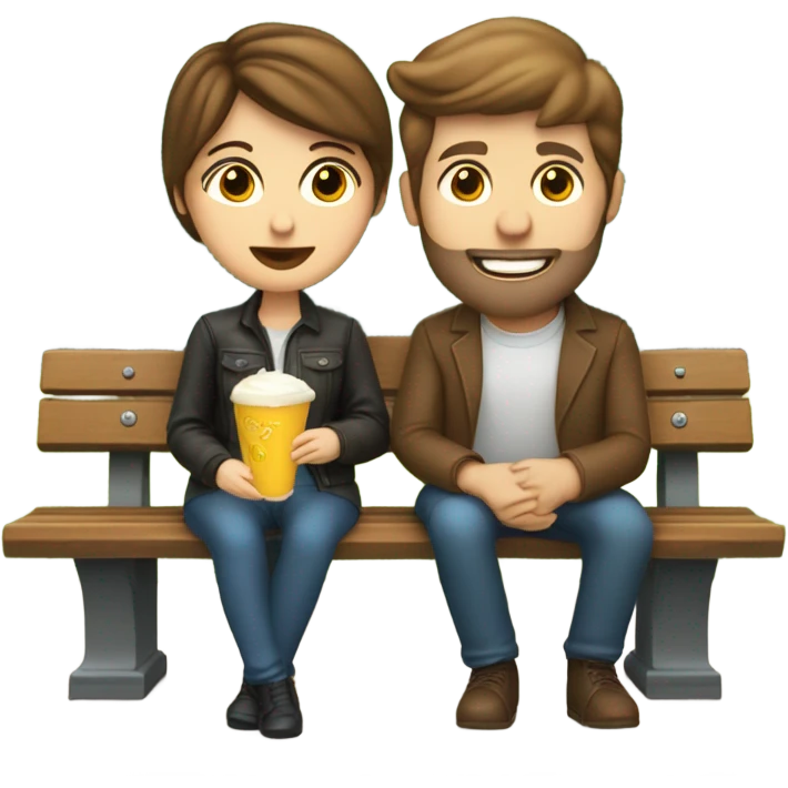 couple with white skin people and brown hair, sitting closely on a park bench, enjoying a romantic moment. One person is holding a croissant, and the other is holding a glass of Prosecco.  emoji