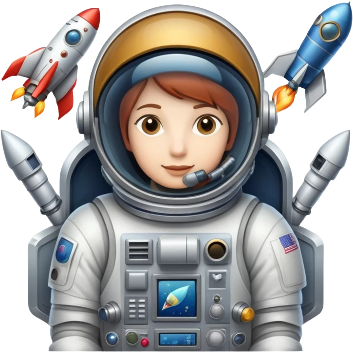 An icon featuring a rocket, a satellite, and an space helmet, symbolizing aerospace technology. The design includes a spaceship, control panels, and orbiting satellites, representing space exploration and aircraft engineering. Transparent background highlights the innovation in aeronautic emoji