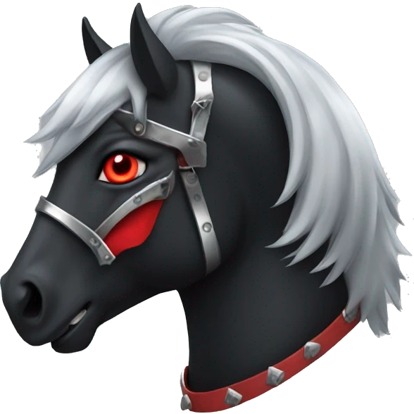 A black horse with red eyes and fangs in silver armor. emoji