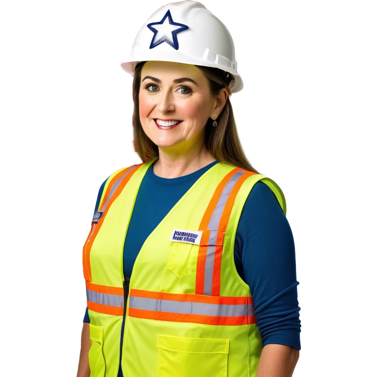 Livvy Dunne is a construction worker wearing a patriotic dress with a neon yellow safety vest over the dress. she also has a hard hat and a patriotic patch on the vest emoji