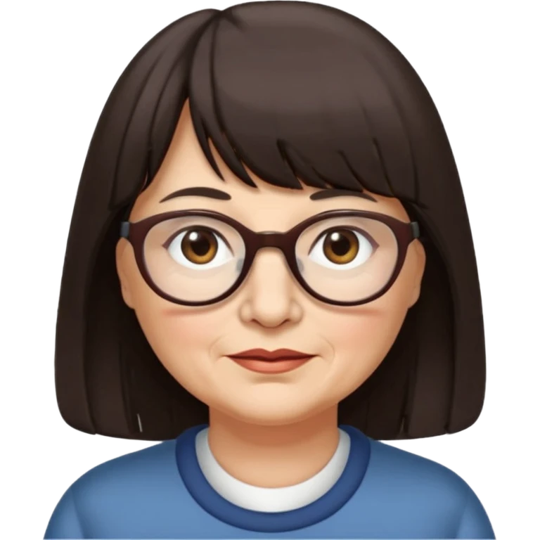 60 yr old woman, long hair, very small brown eyes, long hair, straight dark brown hair, bangs, chubby, long face emoji