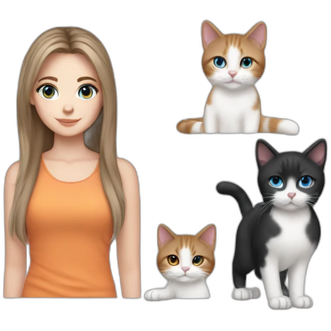 white girl with brown hair curtain bangs blue eyes holding 1 grey and white cat and 1 black and orange cat emoji