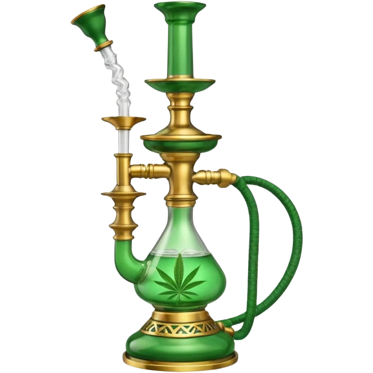 Brass hookah with green design on a glass water base and a weed banger on the top emoji