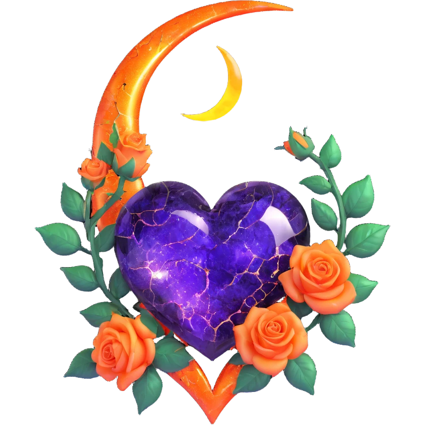 gothic heart made of gold glass, silver crescent moon, glowing orange roses, holographic stardust, neon purple lightning, wet and cracked glass emoji