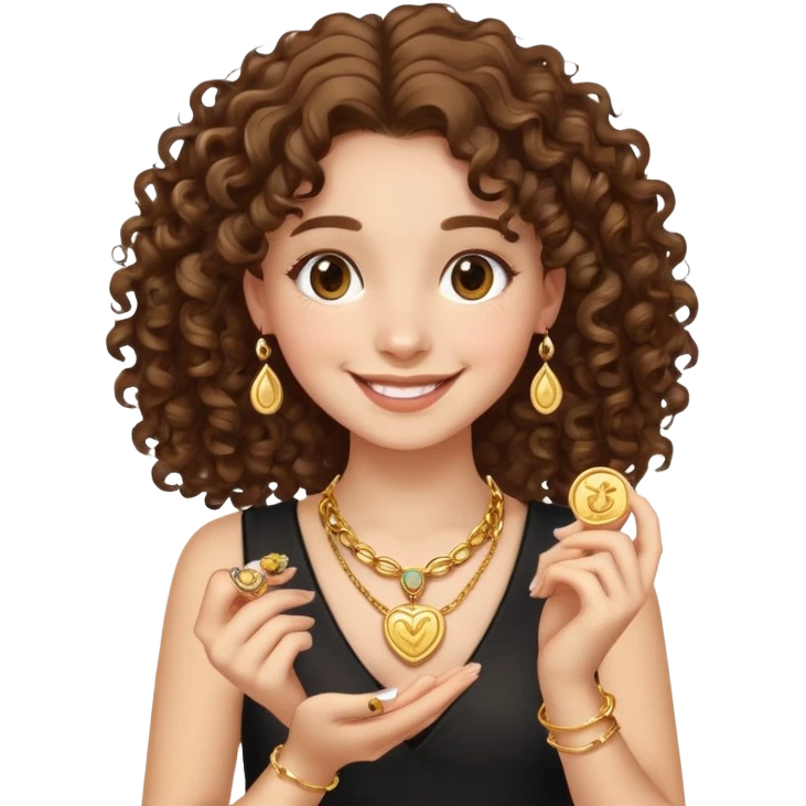 smiling girl with curly hair holding jewelry emoji