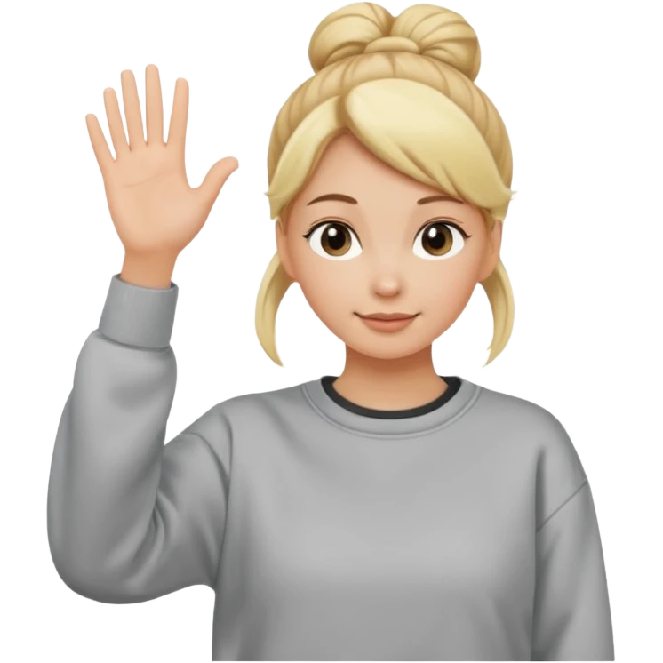blonde woman with bun in casual clothes and sweat shirt waving emoji