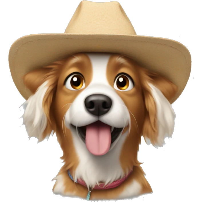 Dog wearing Texas hat, crazy hair and silly face emoji