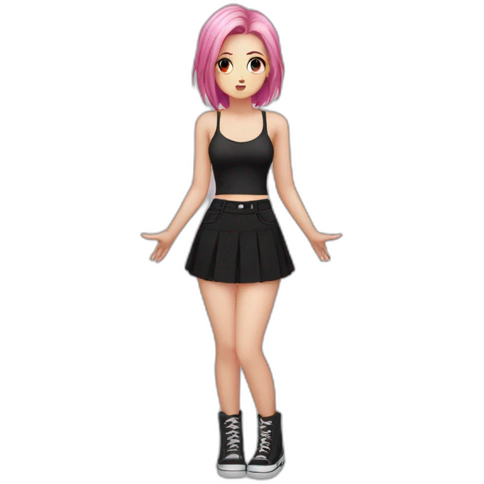 Full body Front view curvy emo girl pink hair sits on the floor straight view hands up black skirt полосатые рваные чулки emoji