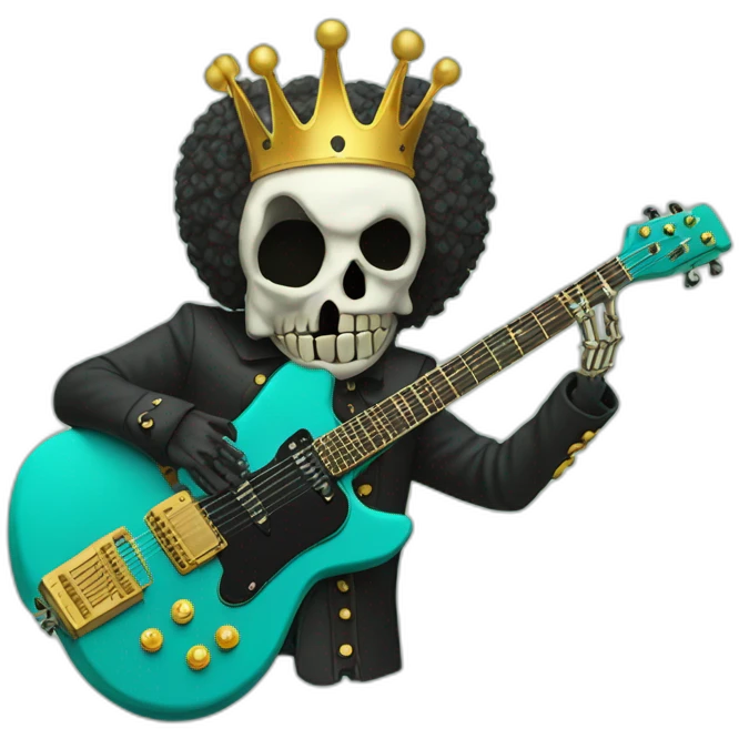 Soolking brook ;black affro cut ;turquoise electric guitar;golden crown ;skeletal face emoji