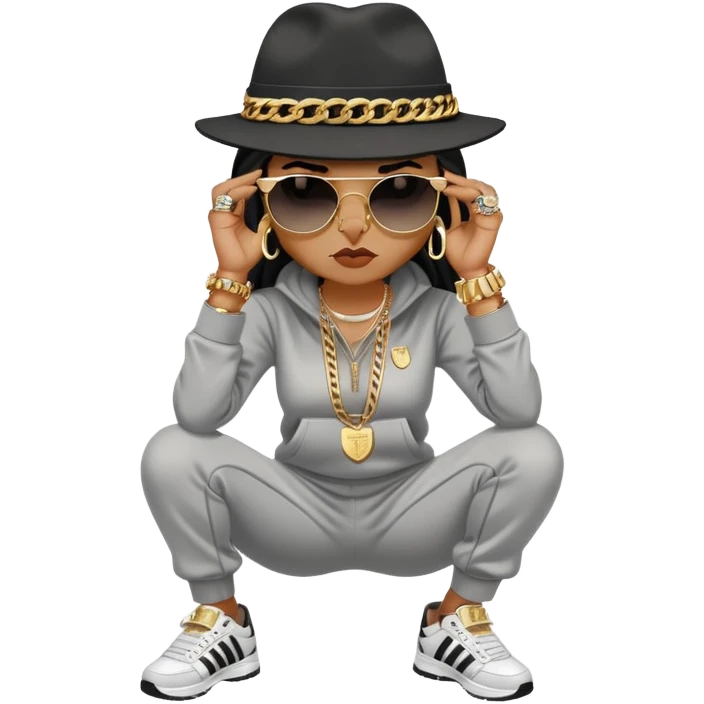 female cat wearing Run DMC hip-hop outfit with tracksuit, fedora, Adidas sneakers, dark sunglasses, many gold chains, rings, bracelets, flashy earrings, fallen down with worried expression emoji
