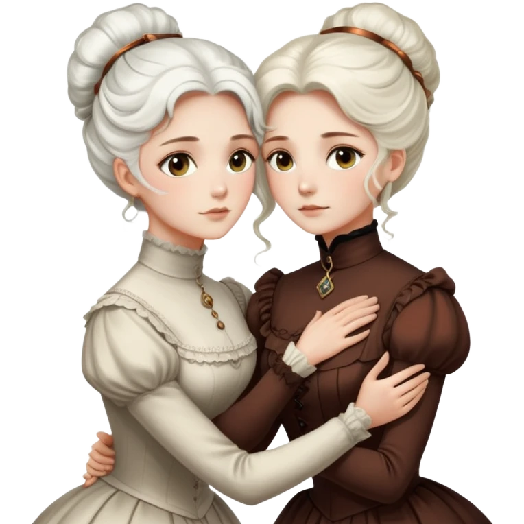 Two Victorian women with light eyes hugging closely, one with elegant white coiffed hair and one with dark copper coiffed hair, both wearing high-necked Victorian turtleneck dresses emoji