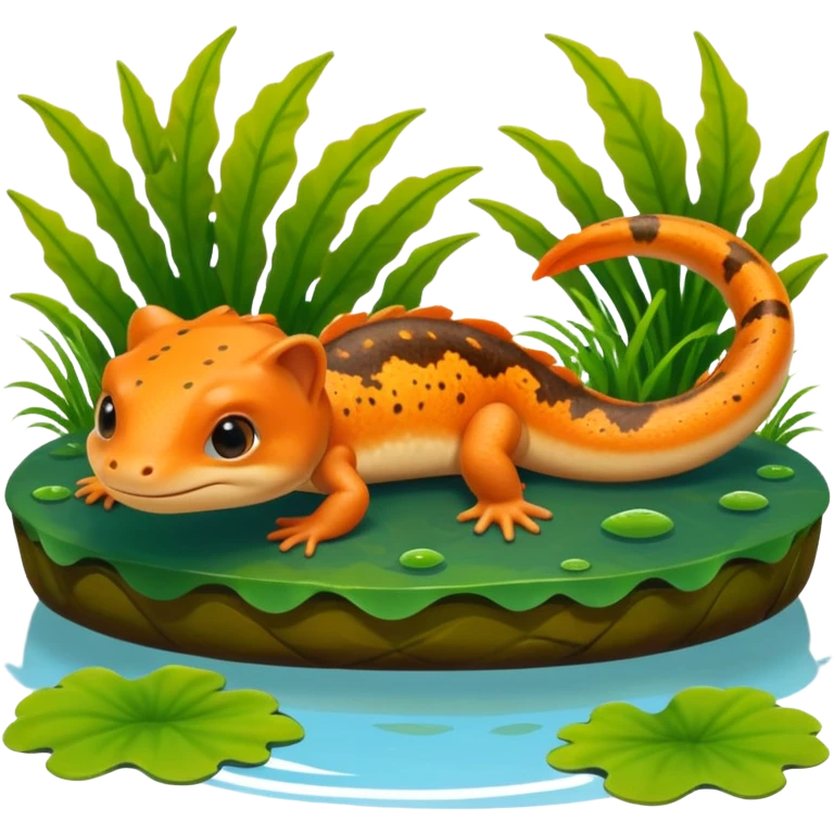 A 3D cartoon newt resting near a pond, orange and brown colors, visible tail, friendly expression, soft reflections and lighting, Memoji-style character. emoji