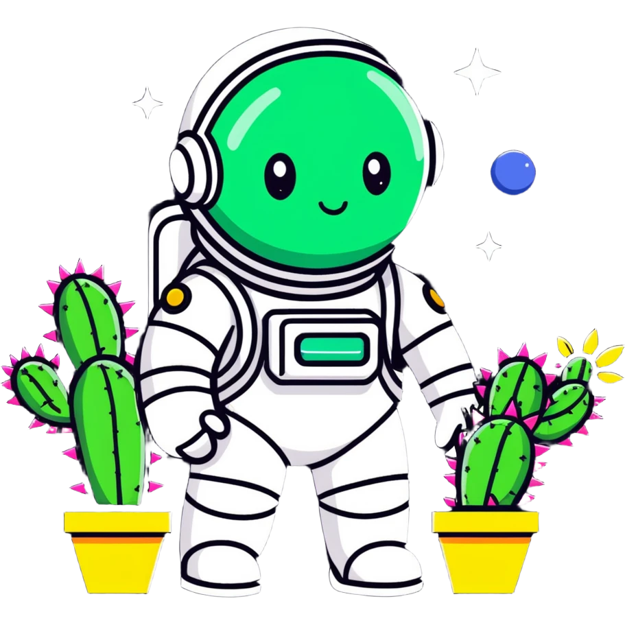 A spacesuit-wearing cactus blooming neon stars instead of flowers, with mini planets on its prickles emoji