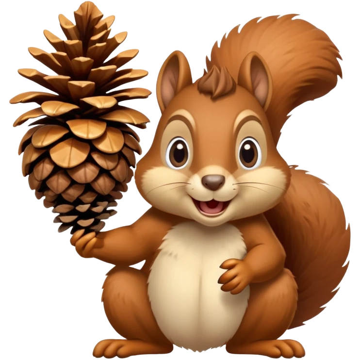 A greedy squirrel with a large pine cone balanced on its head, making a weird facial expression, wide eyes, and mischievous grin emoji