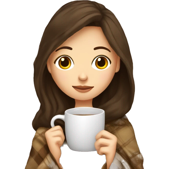 brunette white girl under plaided blanket with coffee cup emoji