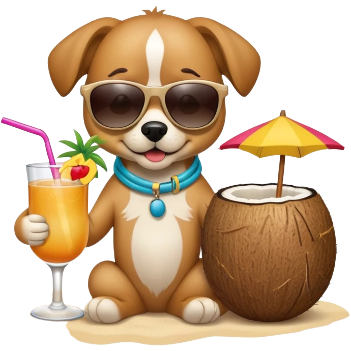A dog wearing sunglasses on the beach drinking a tropical drink out of a coconut  emoji