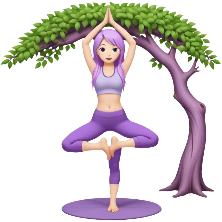 Девушка белокожая, с длинными светло-фиолетовыми волосами, в одежде для йоги, стоит в позе дерева, в стиле бимбо пилатес, две руки, две ноги emoji