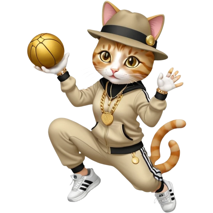female cat wearing Run DMC hip-hop outfit with tracksuit, fedora, Adidas sneakers, many gold chains, rings, bracelets, flashy earrings, reaching up and catching a ball high in the air, no sunglasses emoji