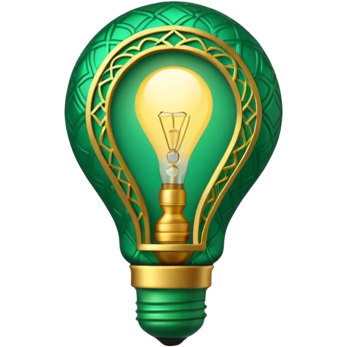 3D emoji, light bulb with Moroccan arabesque pattern inside, golden frame, glowing light, emerald green and gold colors, minimalist, white background. emoji
