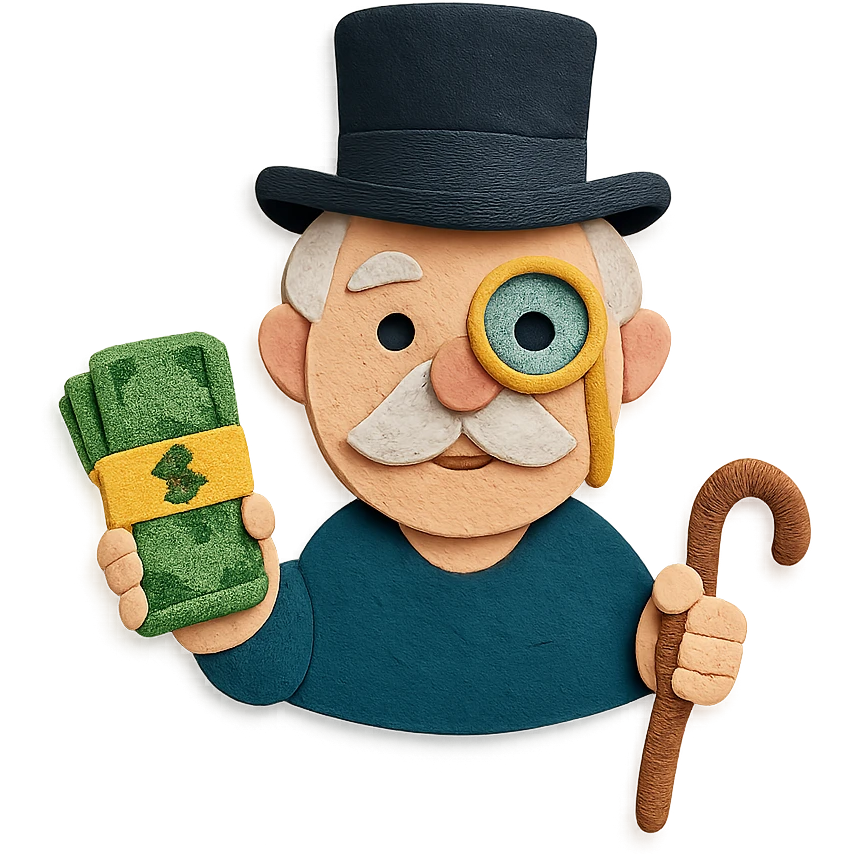 old white man with a top hat, monocle in left eye, holding stacks of money in right hand and a wooden cane in left hand, in a Paper Craft style emoji