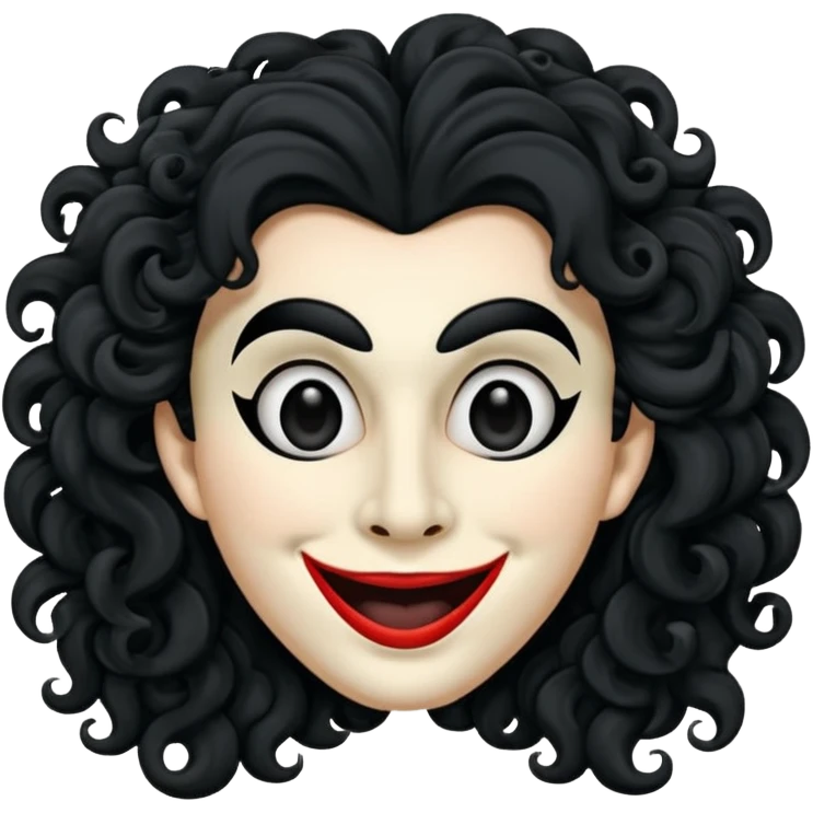generate theatre mask emoji with a big curly black hair 

wide black coloured smile, long and pointy white nose with no nostrils, pitch black eyes emoji