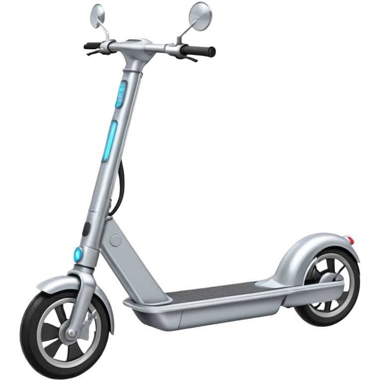 A futuristic electric scooter emoji made of silver chrome, sleek minimal frame, smooth metallic surface, subtle reflections, modern urban design, iOS emoji style, centered, clean white background emoji