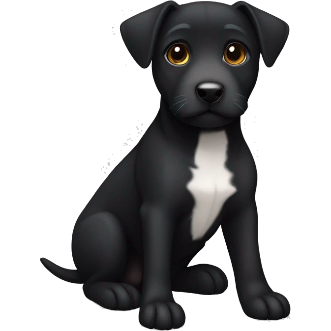A sitting black Patterdale Terrier dog with a white patch on its chest and brown eyes. emoji