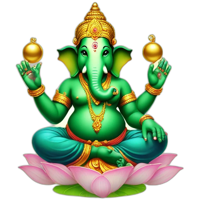 green ganesha hindu god with 4 hands,right low hand in varada mudra, left low hand with an golden ball emoji