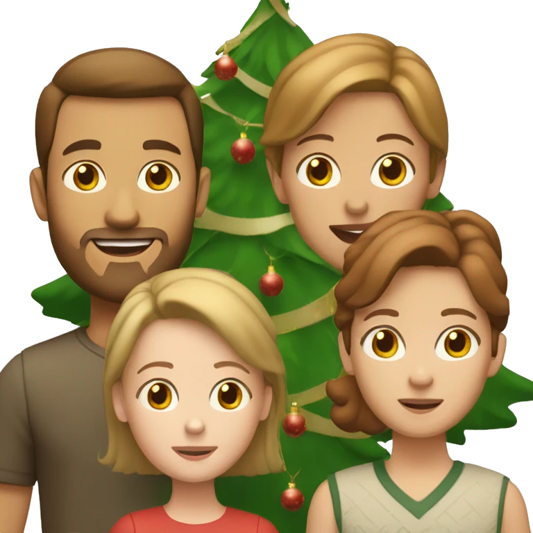 White Family in front of the Christmas tree. Man and boy with Brown hair, woman and kid with light Brown hair and a Little Girl with light red hair.  emoji