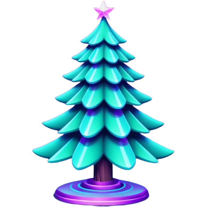 Futuristic glowing Christmas tree emoji with neon decorations, purple and cyan holographic glow, dark background, festive sparkles, no face. emoji