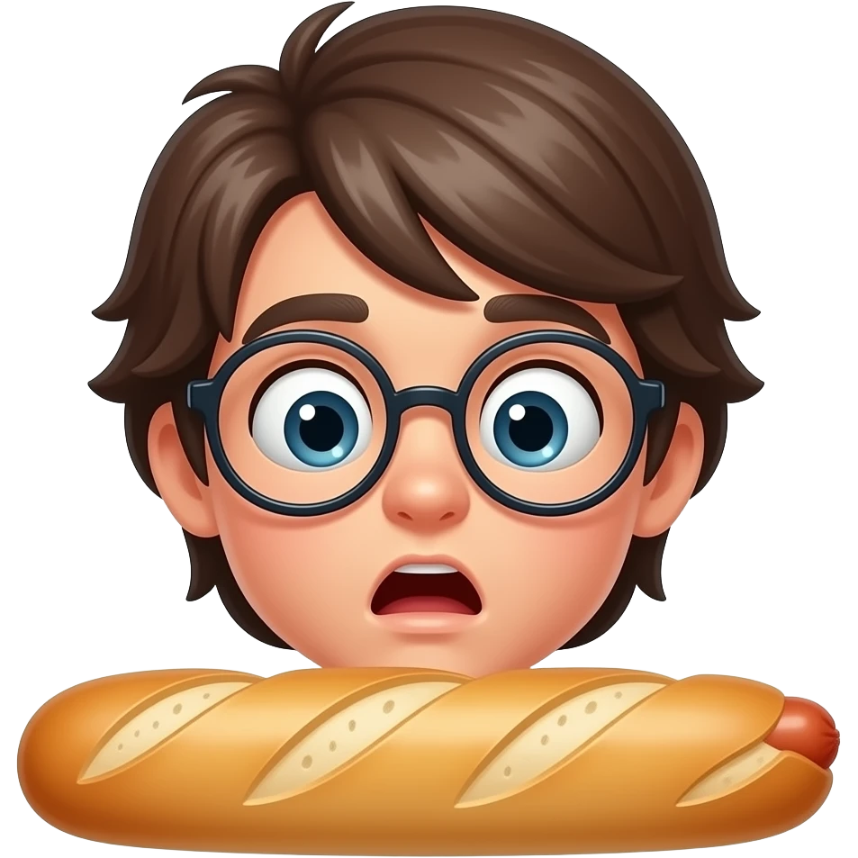 A boy with medium long hair and glasses  really shocked at a baguette with a sausage inside(only the head) emoji