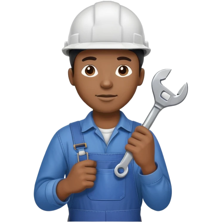 Black male factory worker wearing hard hat and overalls holding wrench emoji