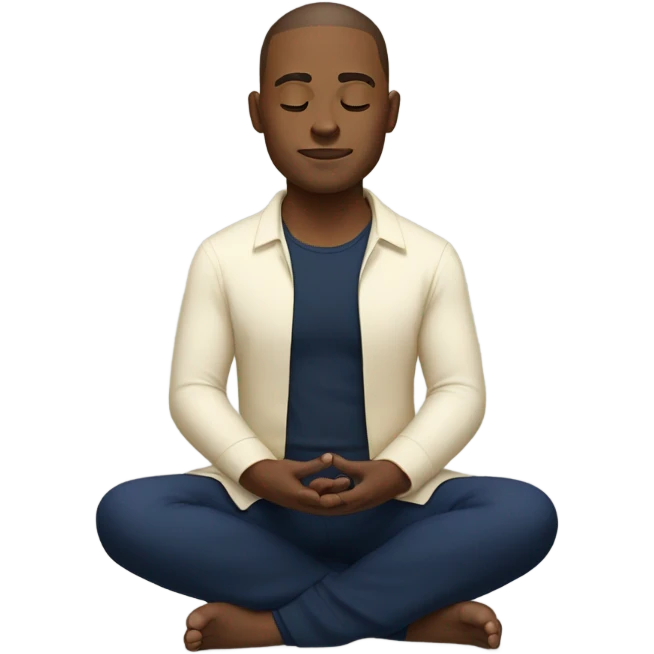 Light skinned man meditating sitting down with cream shirt and navy blue pants.  emoji