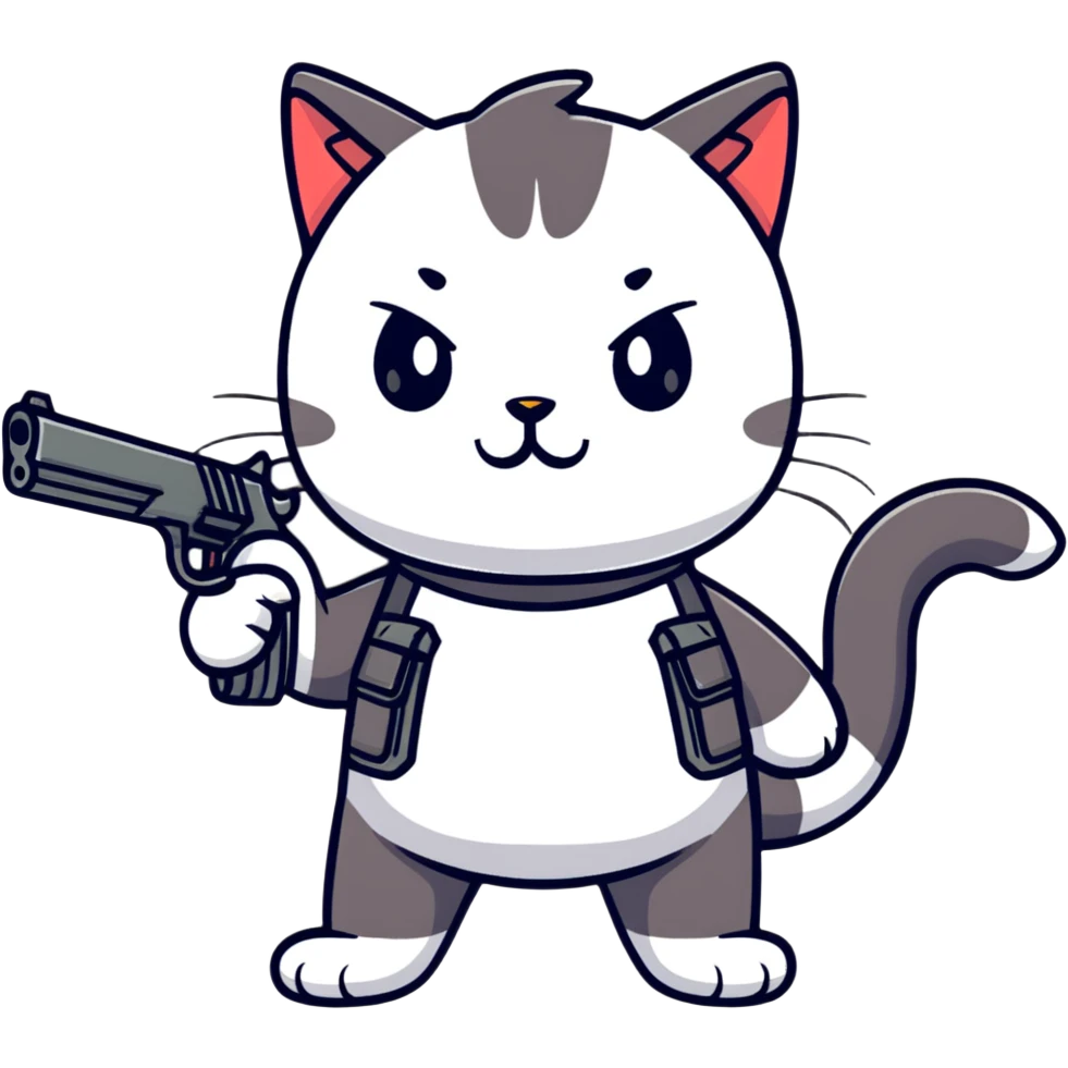 cartoon sticker of a cat holding a gun emoji