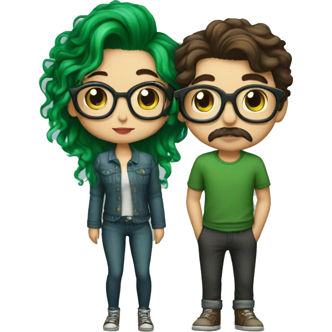 A heavy set boy with brown hair and a mustache is kissing a green haired girl who is thin and wearing glasses both have tattoos emoji