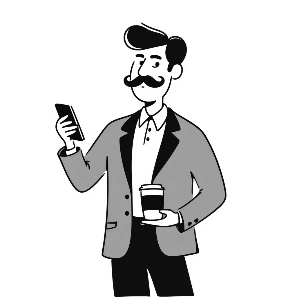 Wall Street finance bro with ridiculous oversized mustache, wearing expensive suit, holding phone and coffee emoji