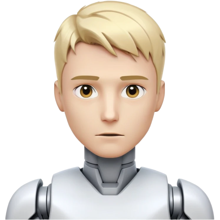 Male robot with short blond hair, sharp jawline, intense eyes, white tech clothing, neutral expression, futuristic assistant emoji