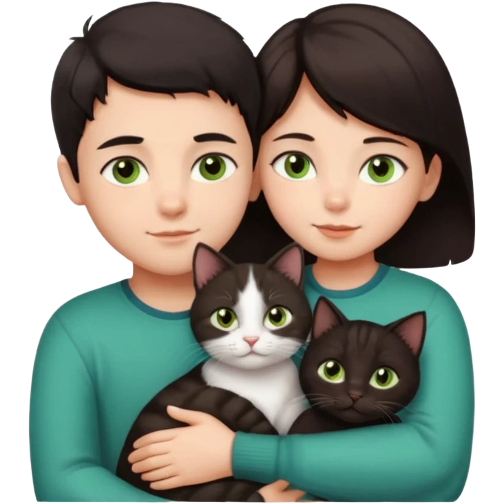Crea un emoji donde salga un chico de pelo moreno con los ojos claros, una chica de pelo morena con los ojos marrones y UN gato europeo comun de pelaje oscuro y ojos verde claro, quiero que se esten abrazando el chico y la chica, y el gato este en el medio emoji