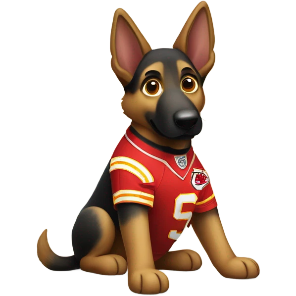 German shepherd wearing a chiefs jersey emoji